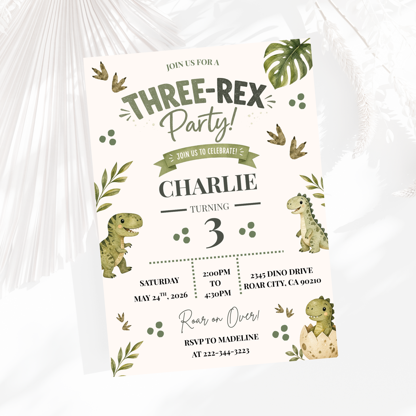 3-Rex Neutral Birthday Invitation