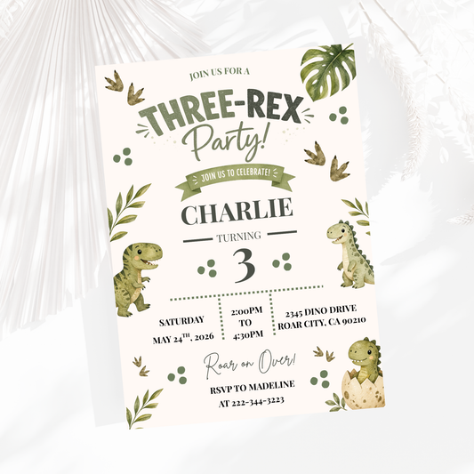3-Rex Neutral Birthday Invitation