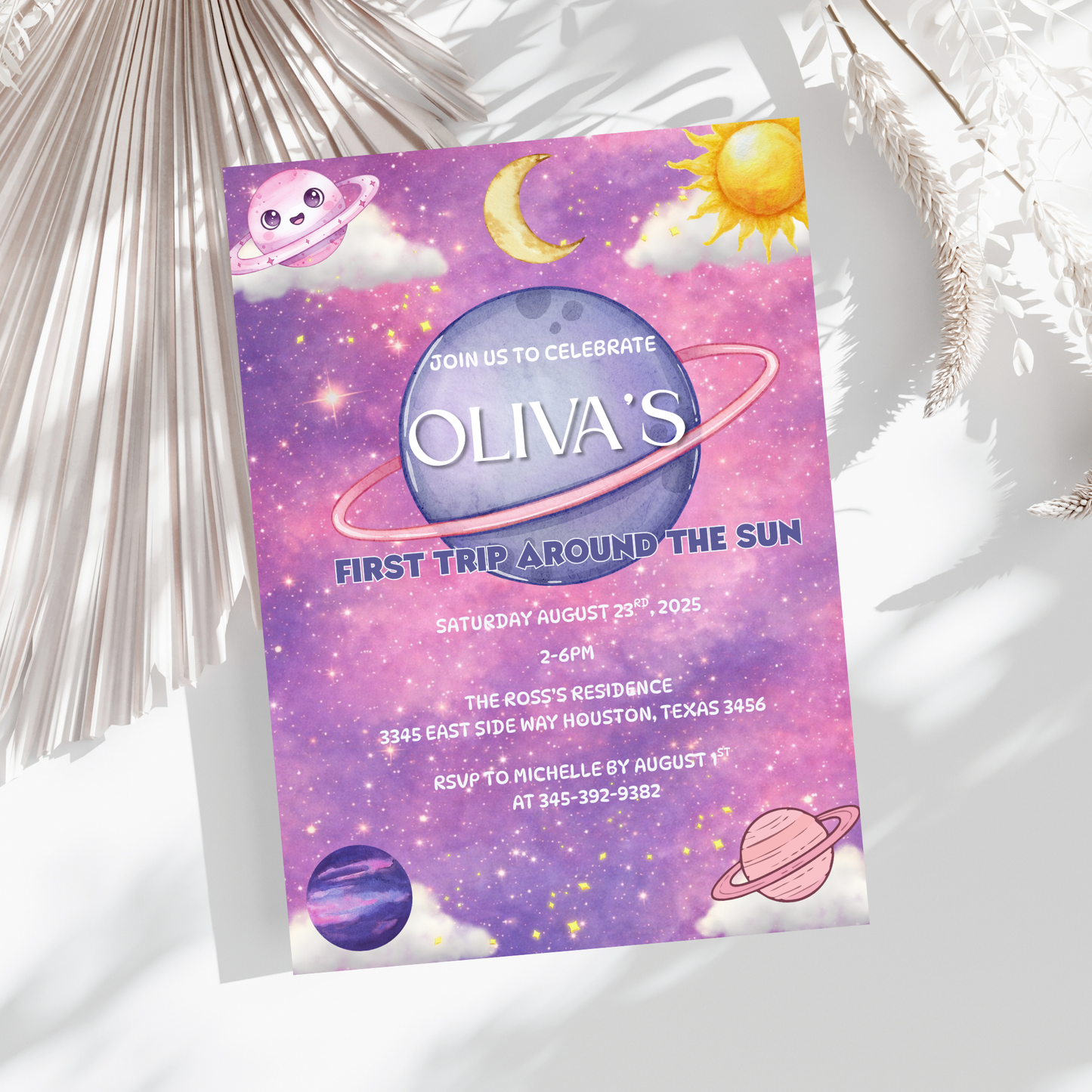 First trip Around the Sun Birthday Invitation- Girl Version