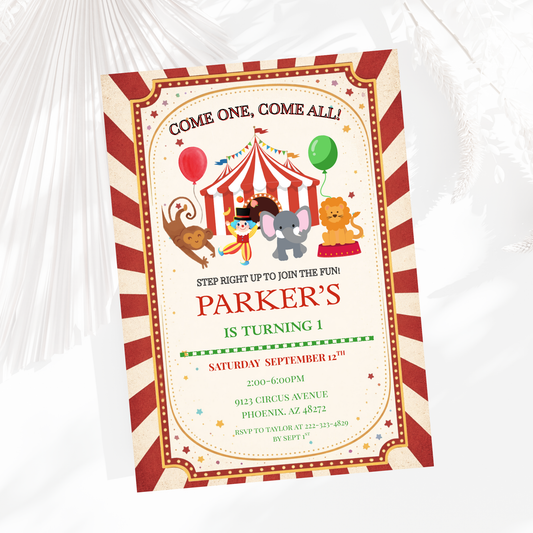 Carnival Circus 1st Birthday Invitation