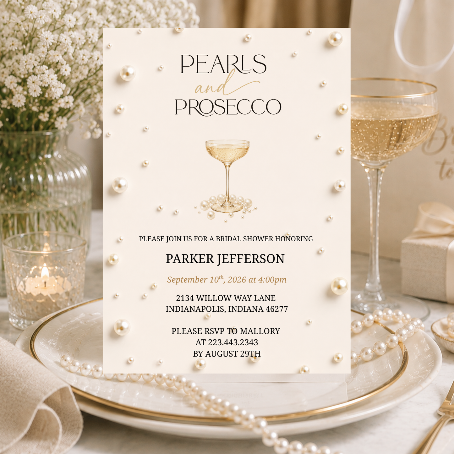 Pearls and Prosecco Bridal Shower Invitation