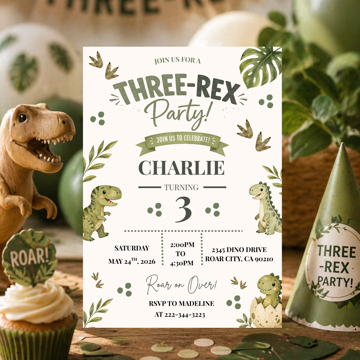 3-Rex Neutral Birthday Invitation