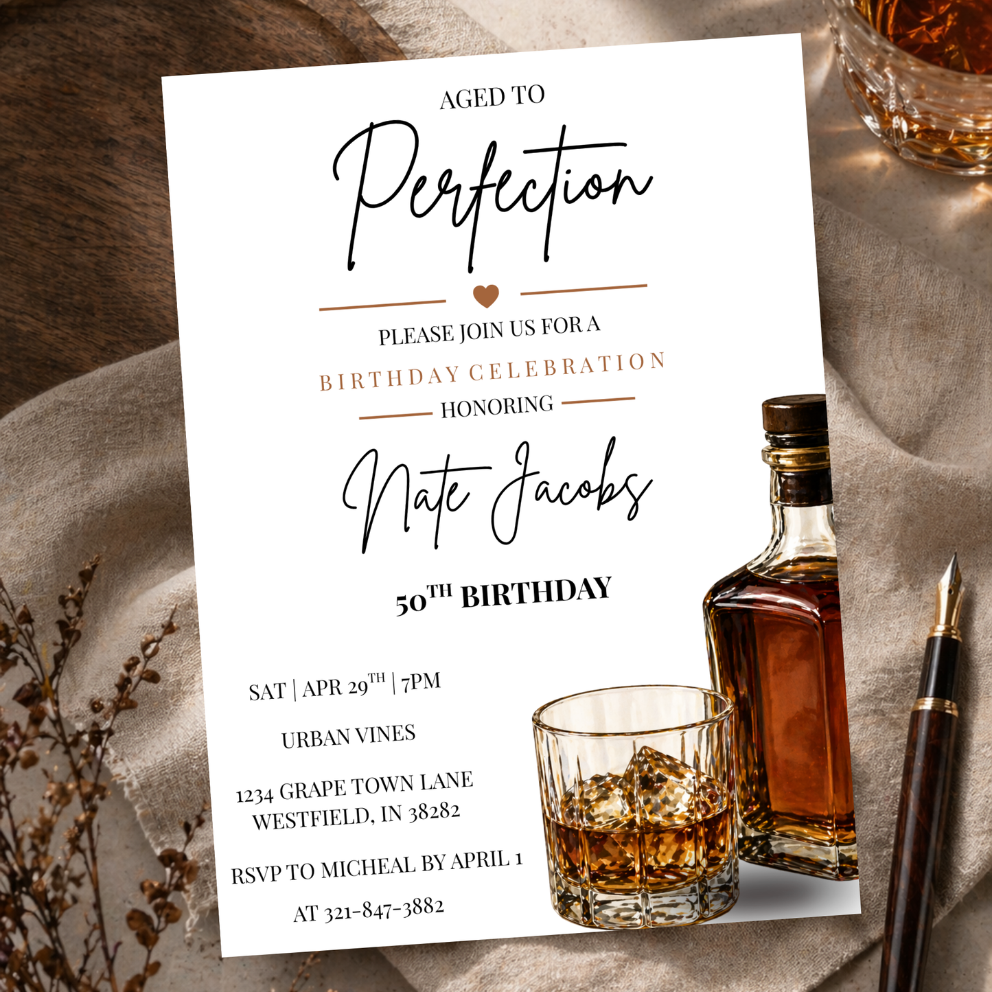 Aged to Perfection Whiskey Birthday Invitation