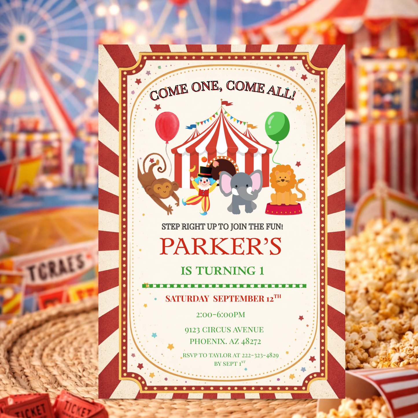 Carnival Circus 1st Birthday Invitation