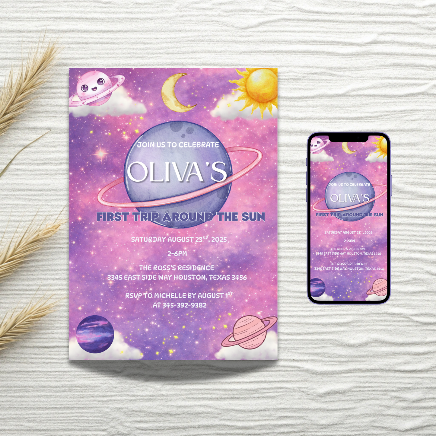 First trip Around the Sun Birthday Invitation- Girl Version