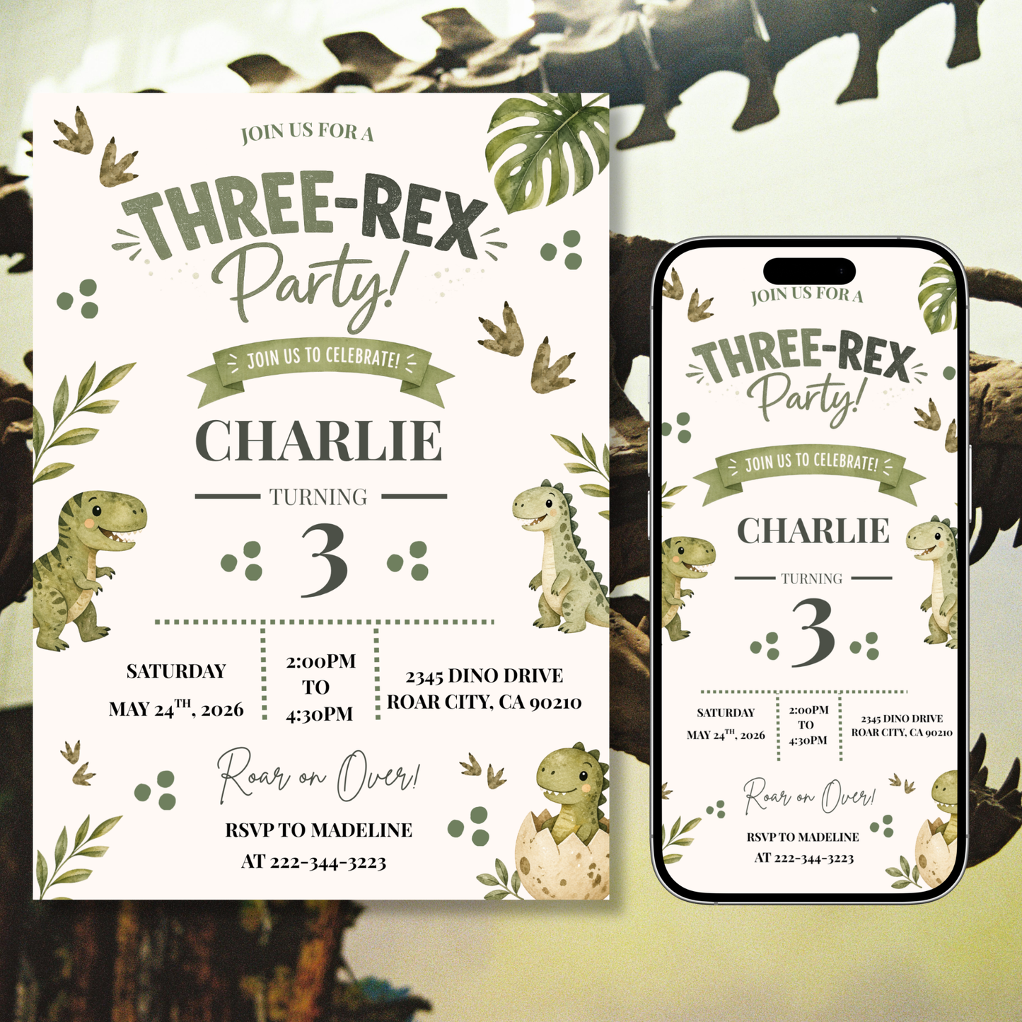 3-Rex Neutral Birthday Invitation