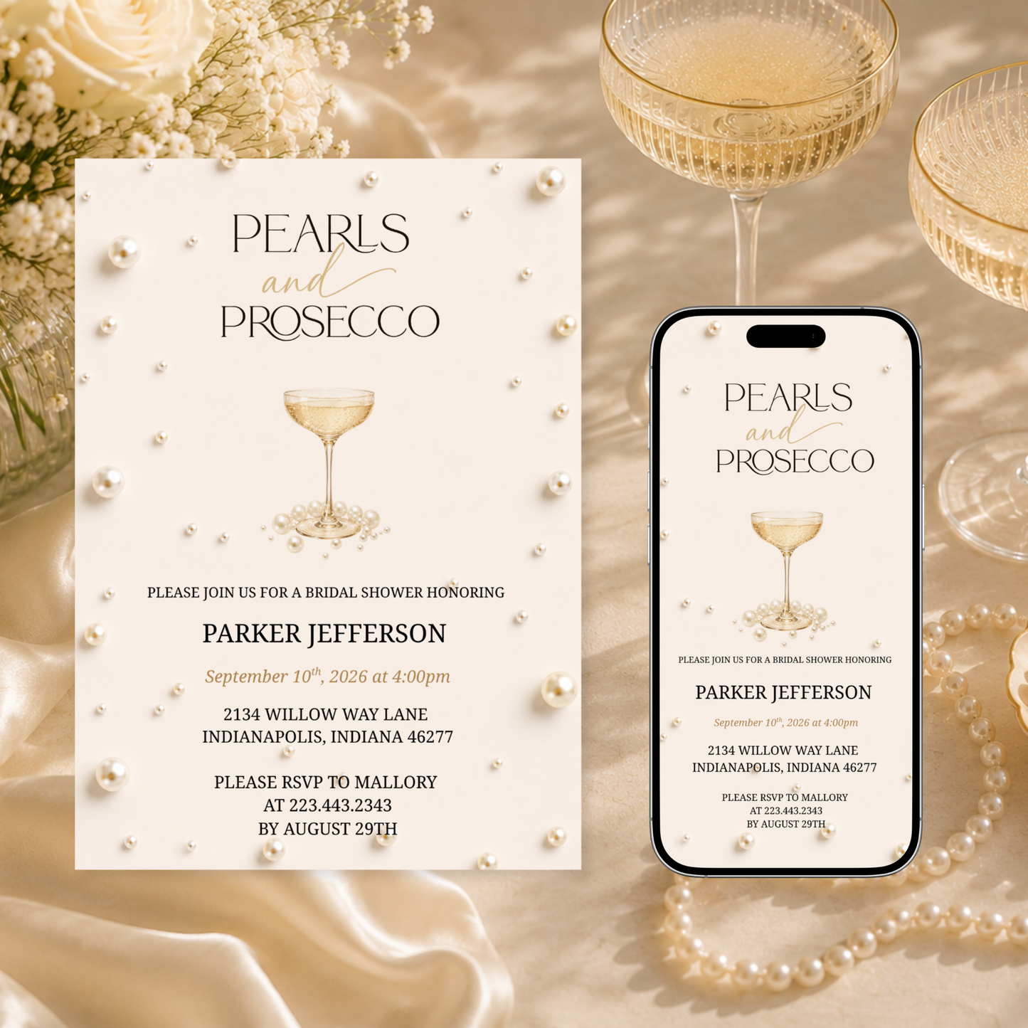 Pearls and Prosecco Bridal Shower Invitation