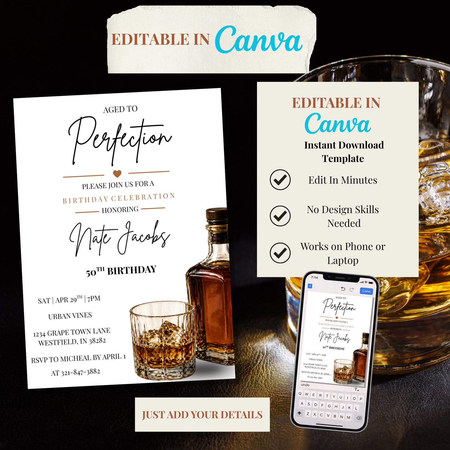 Aged to Perfection Whiskey Birthday Invitation