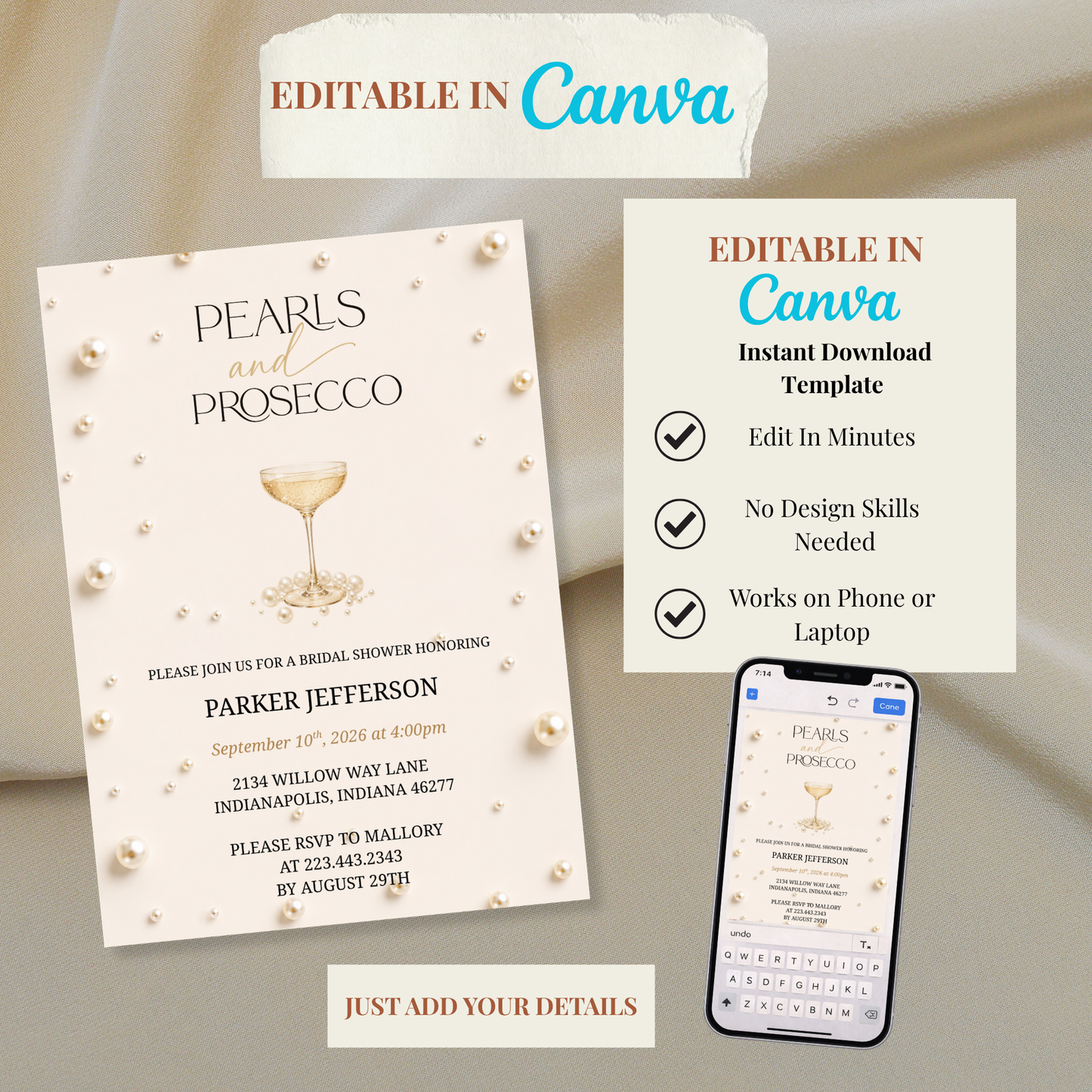 Pearls and Prosecco Bridal Shower Invitation