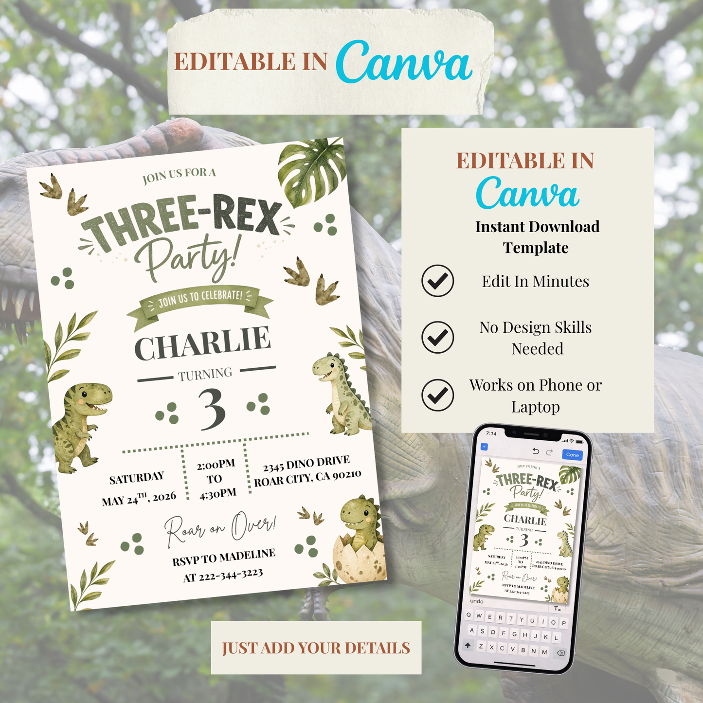 3-Rex Neutral Birthday Invitation