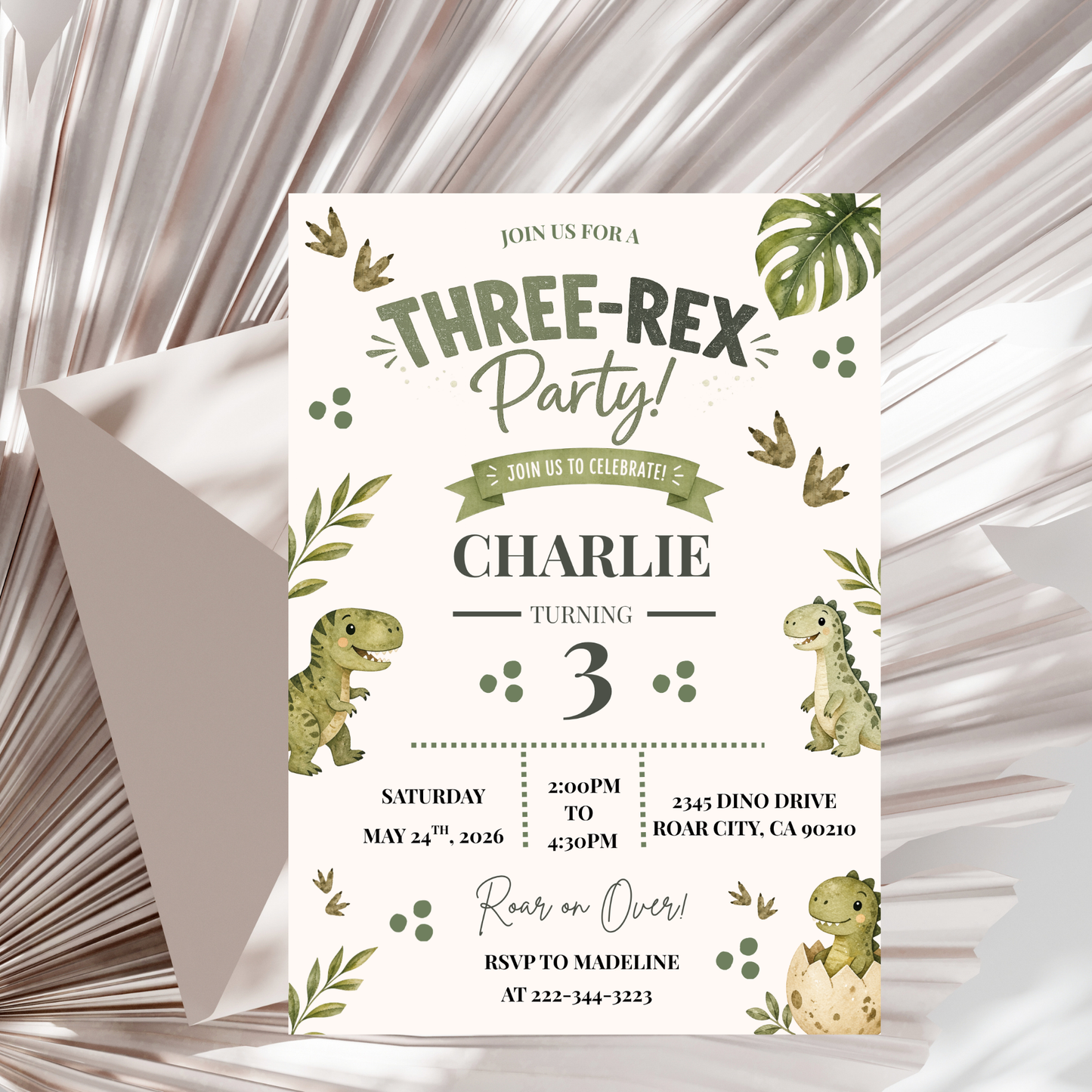 3-Rex Neutral Birthday Invitation