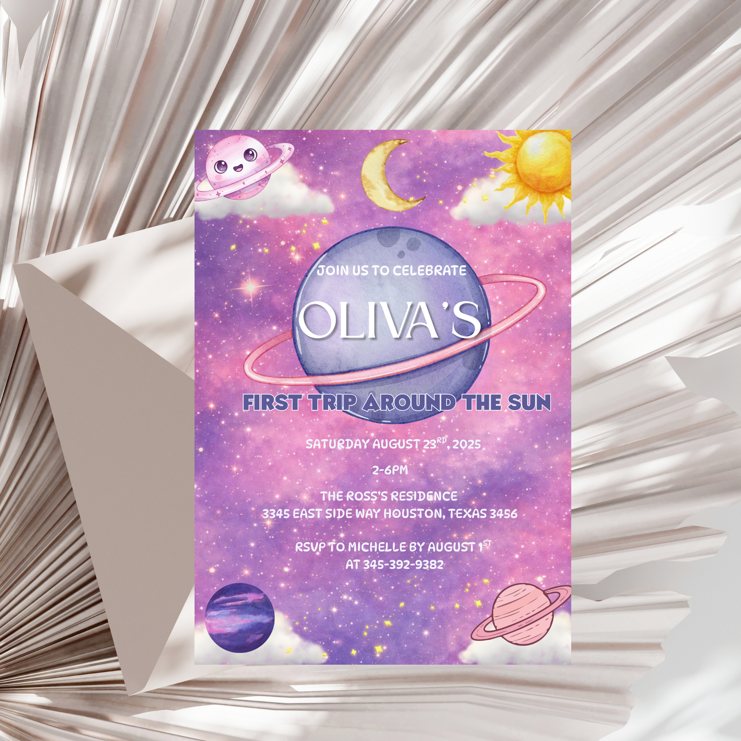 First trip Around the Sun Birthday Invitation- Girl Version