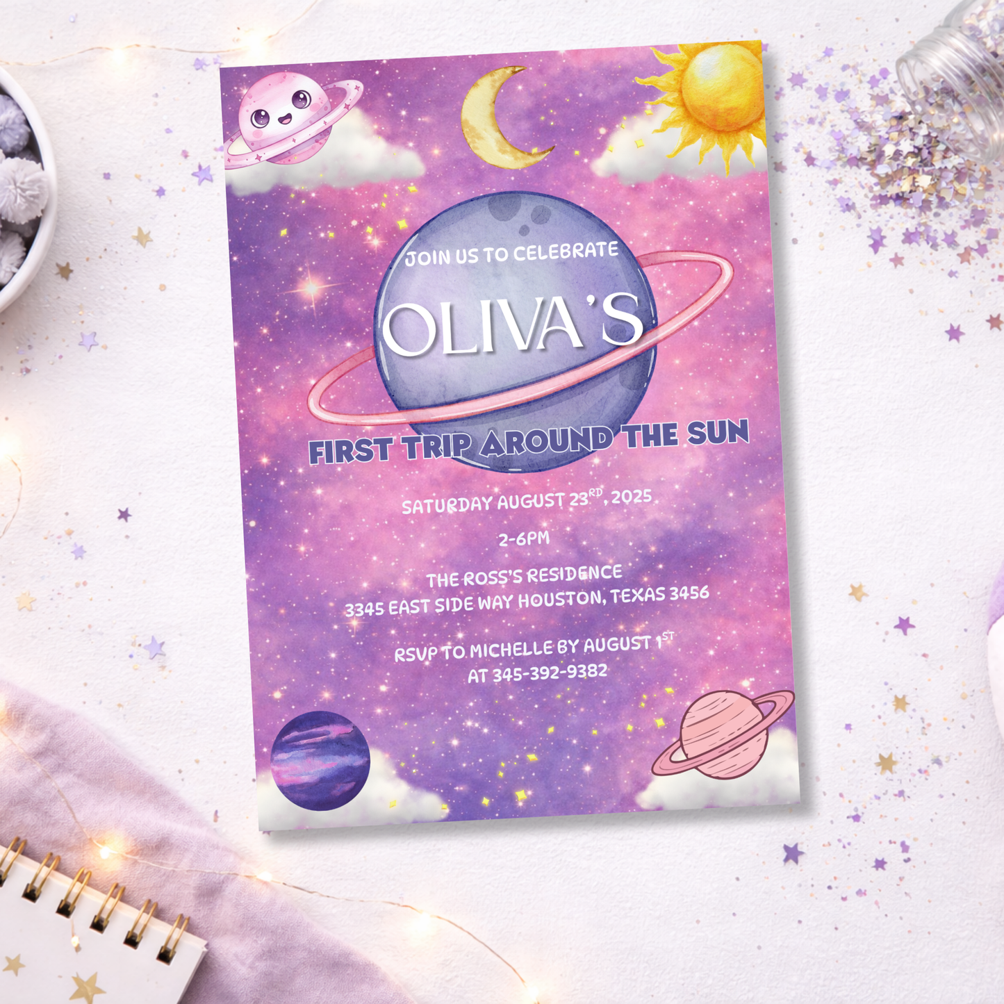 First trip Around the Sun Birthday Invitation- Girl Version
