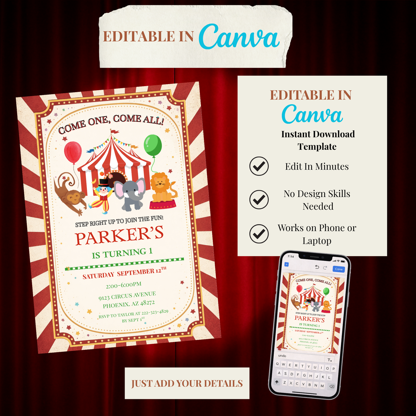 Carnival Circus 1st Birthday Invitation
