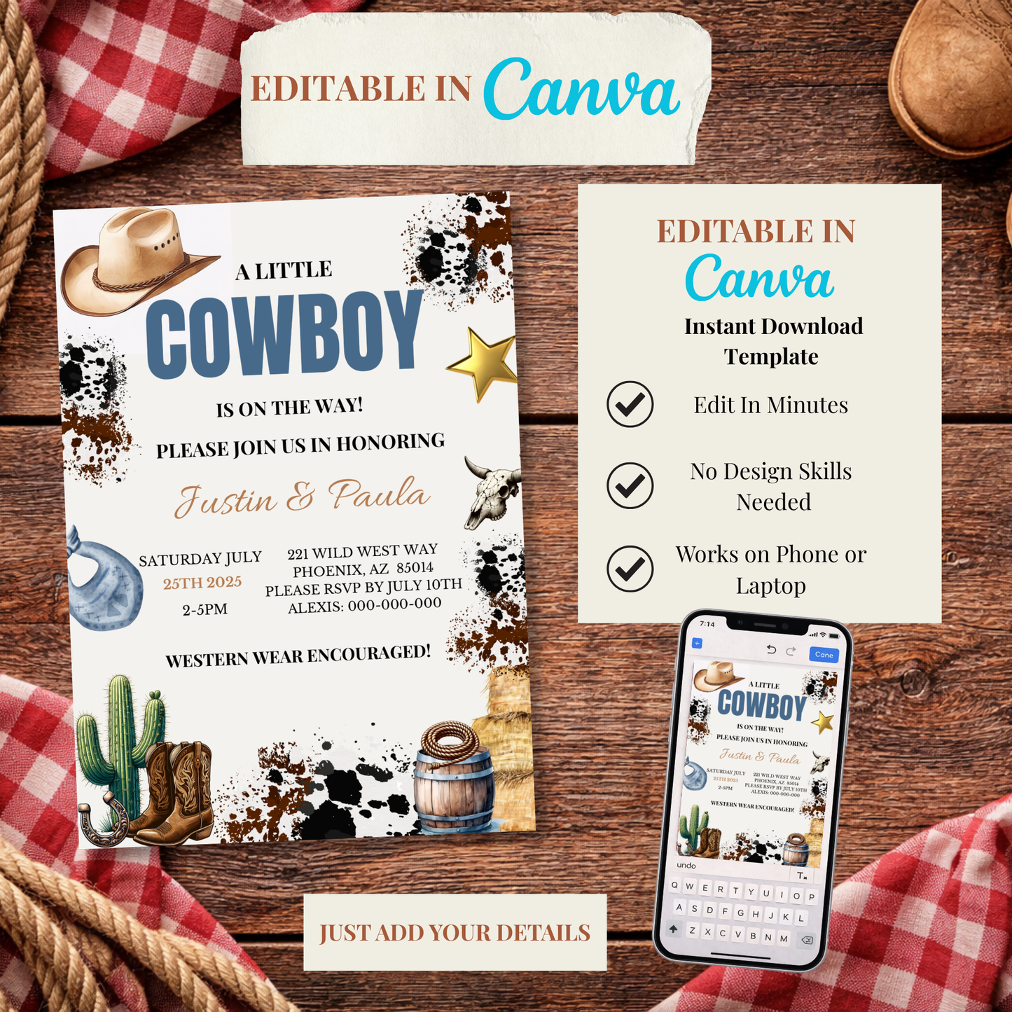 A Little Cowboy Is on the Way Baby Shower Invitation