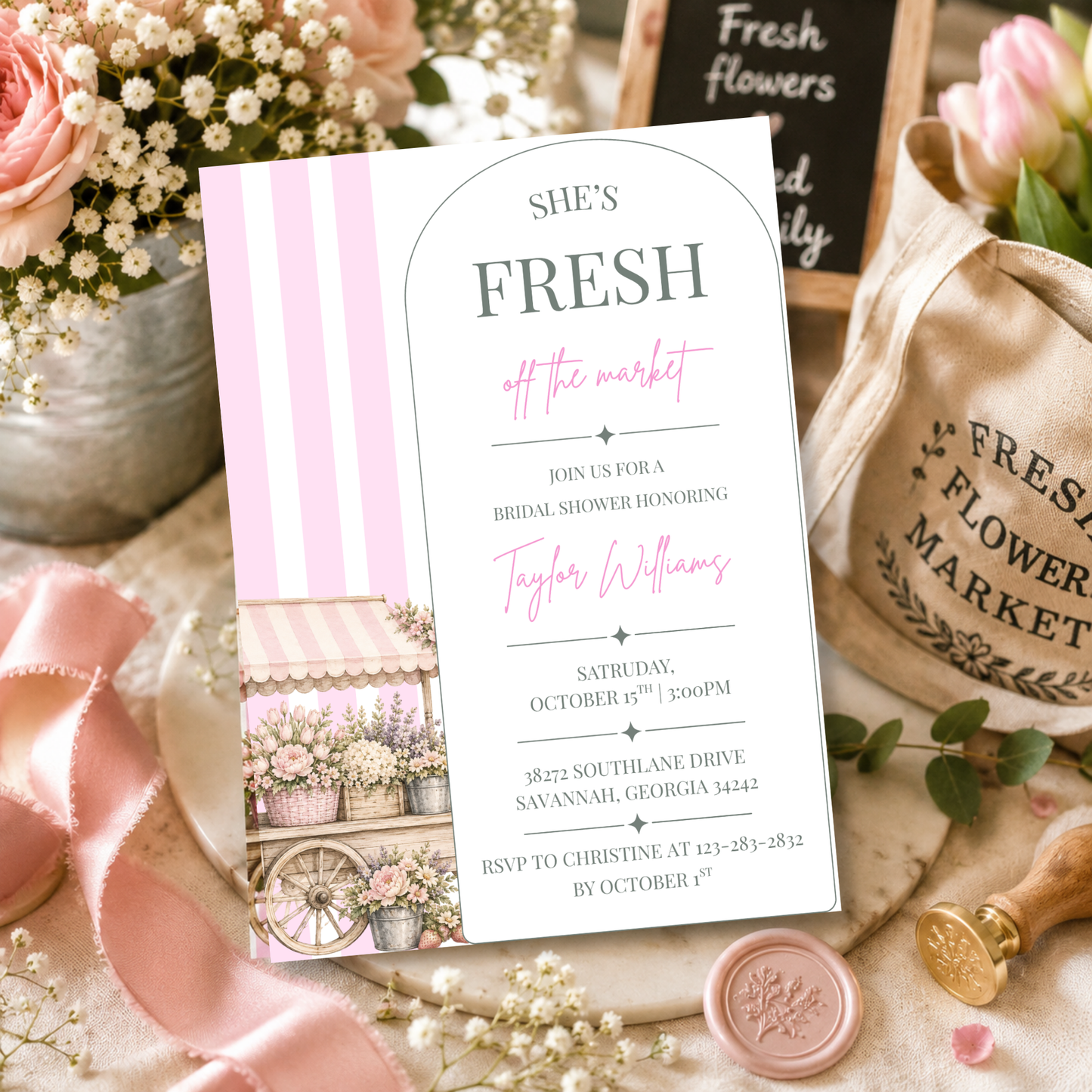 She's Fresh Off the Market Bridal Invitation